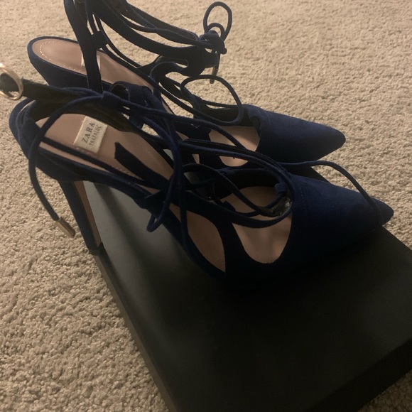 Zara Blue Suede Pointy Toe Laced Heels 38 - Picture 5 of 6